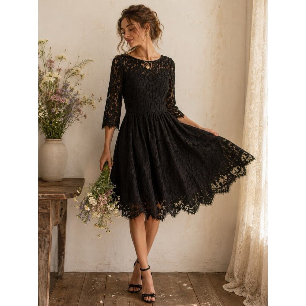 Free People Black Lace Fit & Flare Long Sleeve Mini Dress Womens 6 Whimsygoth
